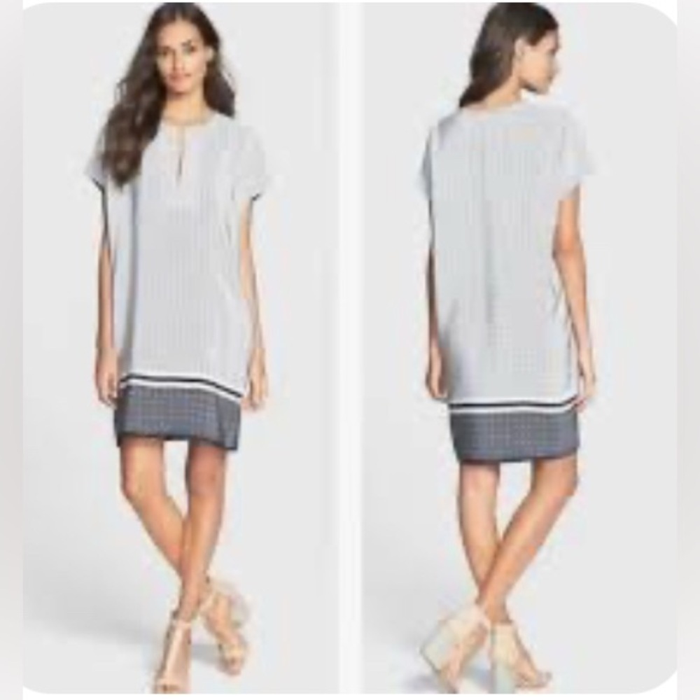 Vince trapunto 100% silk geo vneck cap sleeve pullover shift dress womens small